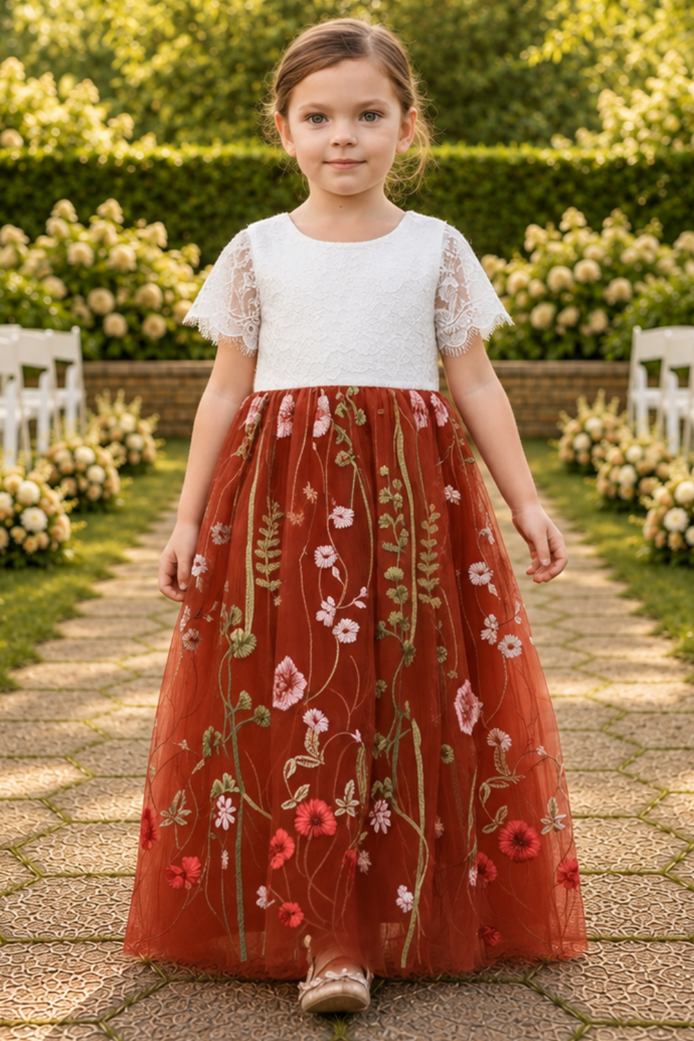 The Dahlia - Rust Floral Flower Girl Dress -Short Sleeve