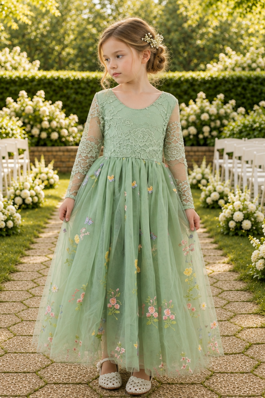Sage green floral flower girl dress in embroidered tulle. featuring long lace sleeves and full length floral tulle dress. 