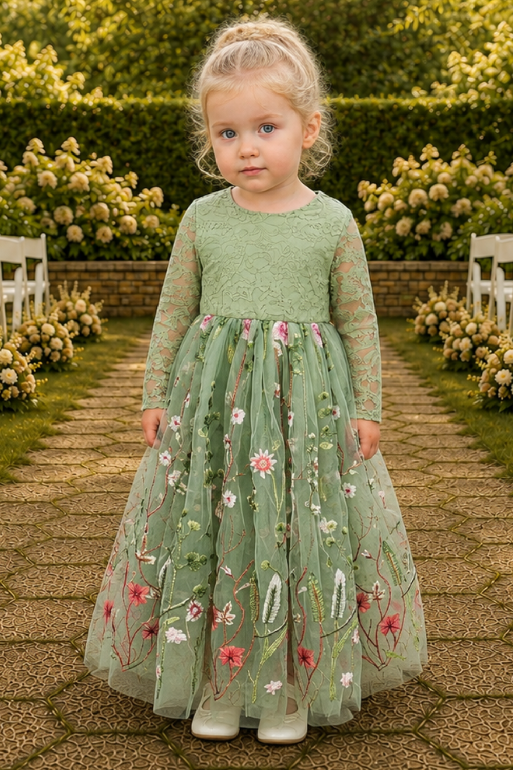sage flower girl dress in floral tulle with an embroidered floral pattern. Lace long sleeves and a full tulle length. 