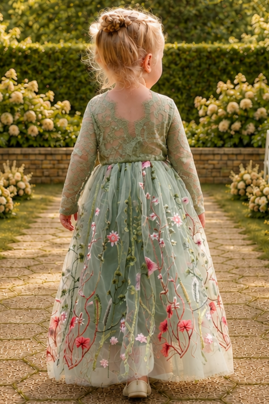 flower girl dress in sage green floral tulle with an embroidered floral pattern. Lace long sleeves and a full tulle length. 