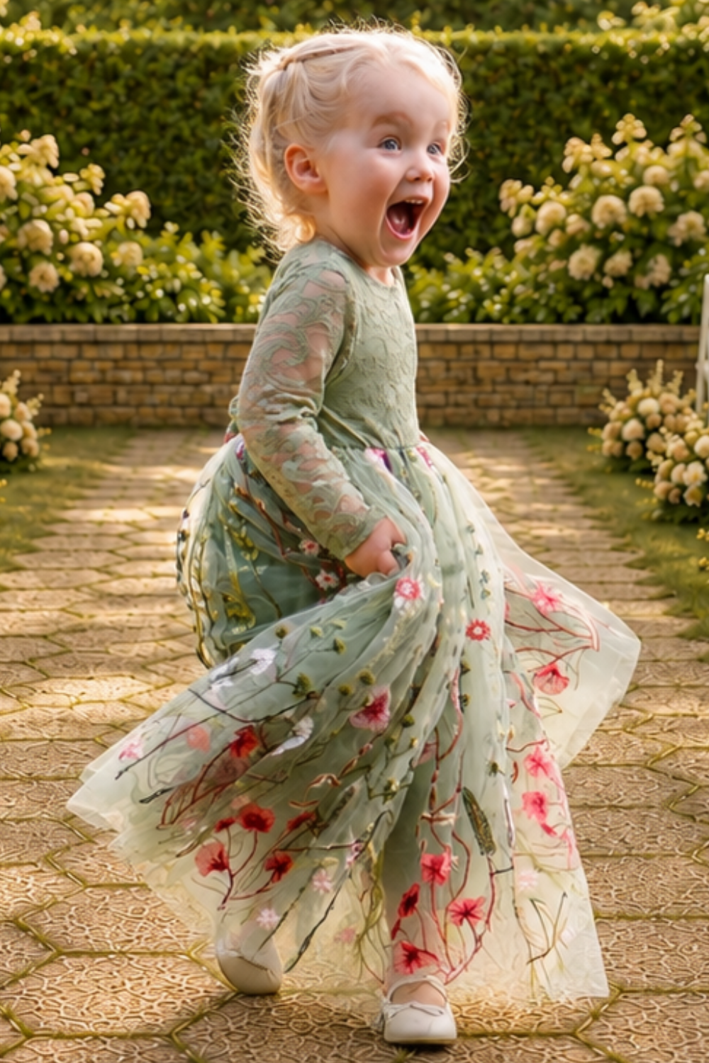 fall flower girl dress in sage green floral tulle with an embroidered floral pattern. Lace long sleeves and a full tulle length. 