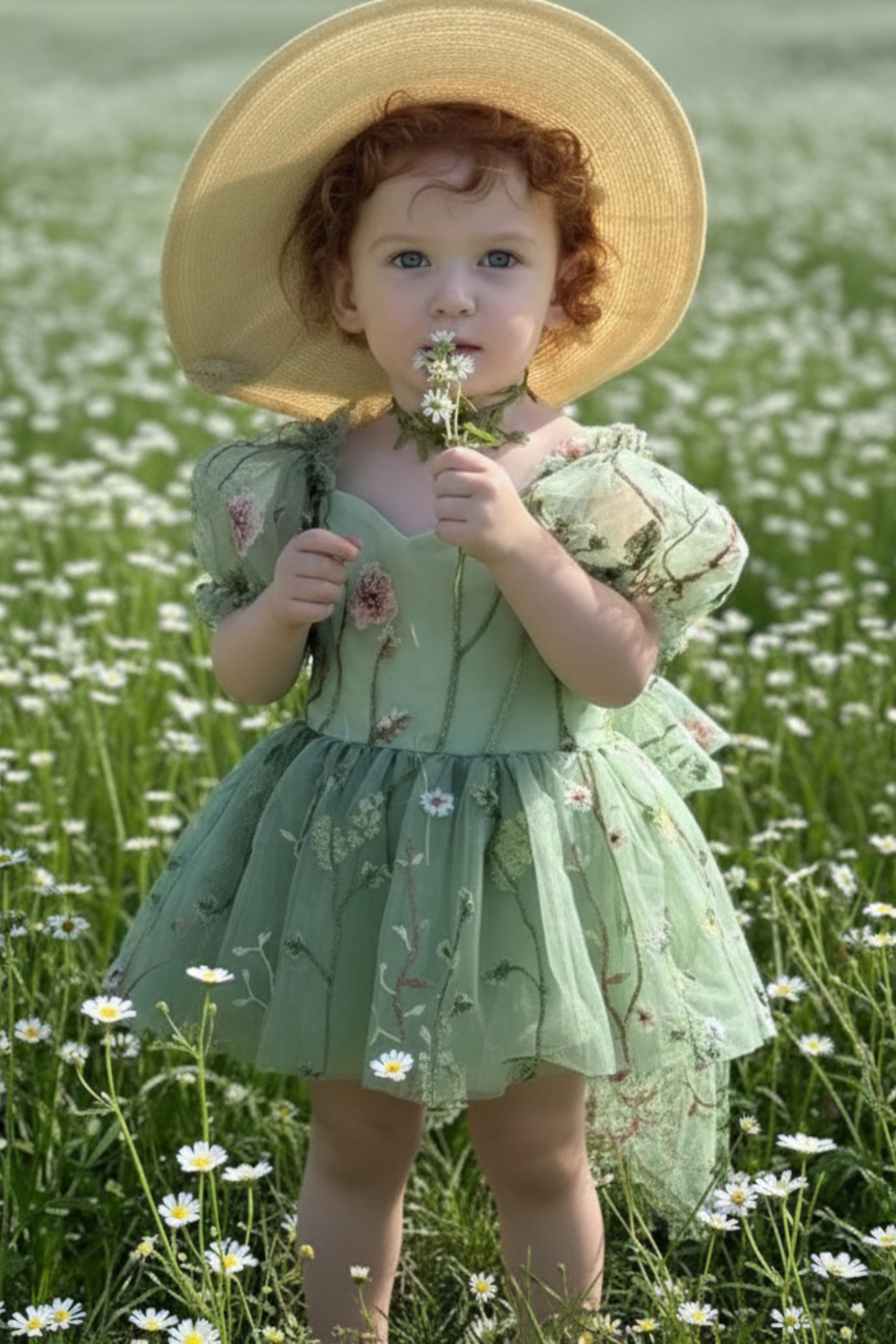 Sage floral flower girl dress for babies and toddlers for an upcoming wedding or birthday party. Puff sleeves and big tulle bow. 