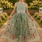 Floral flower girl dress in sage green lace and tulle. Full length dress that is sleeveless