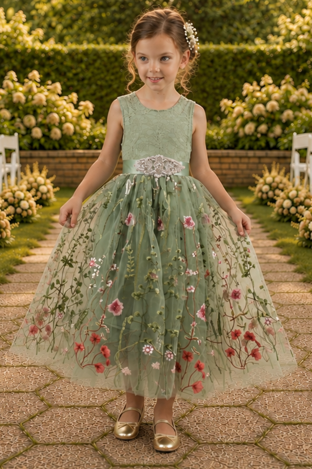 Floral flower girl dress in sage green lace and tulle. Full length dress that is sleeveless