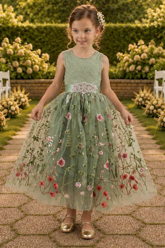 Floral flower girl dress in sage green lace and tulle. Full length dress that is sleeveless