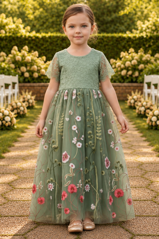 sage floral embroidered dress in lace and tulle for a flower girl or special occasion.  