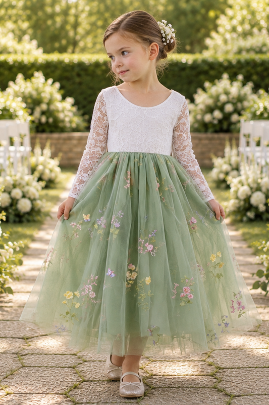 flower girl dress in sage green floral embroidered tulle with white lace long sleeves and full tulle style dress. 