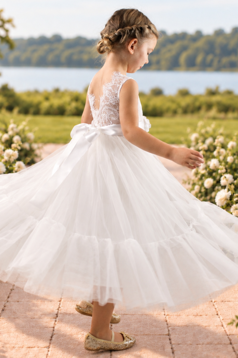 white flower girl dress in a boho style. Sleeveless lace sleeves, with a full mermaid style dress. 