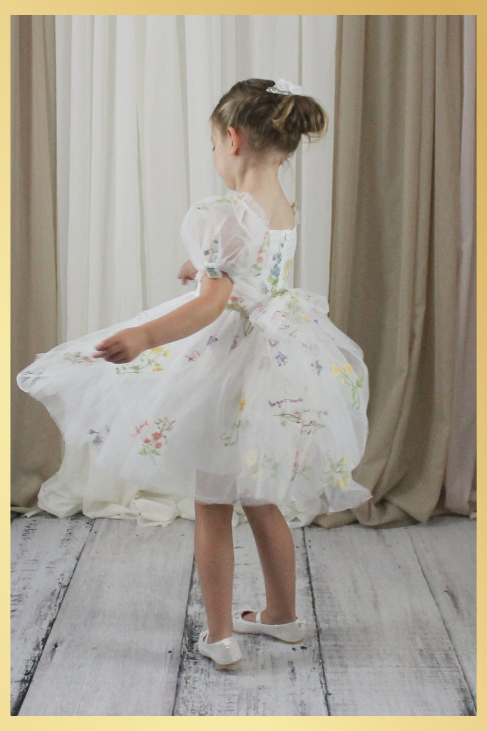 White floral flower girl dress for spring and summer weddings or other special occasions like birthdays and holidays. 