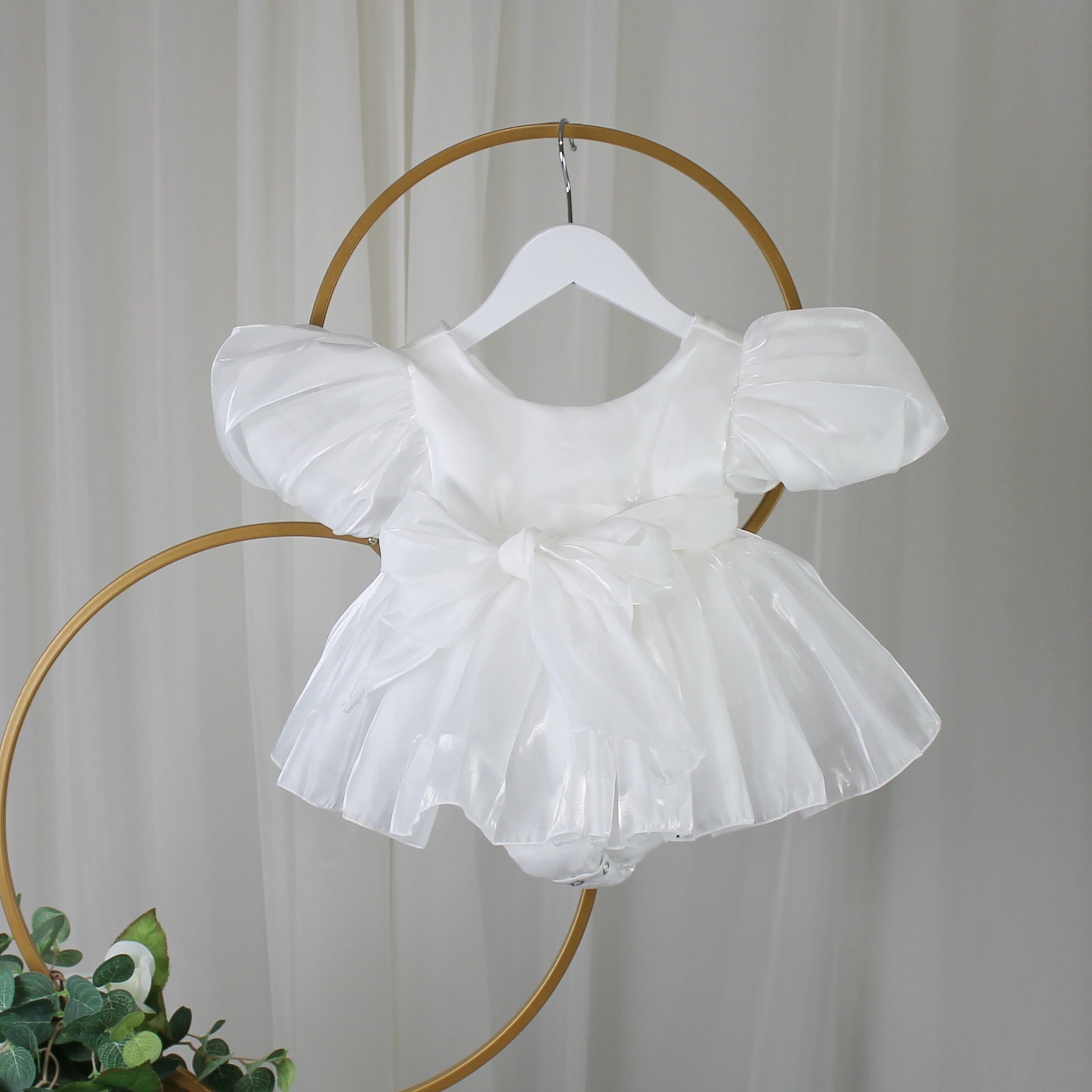 White baby girl dress with built in romper bodysuit