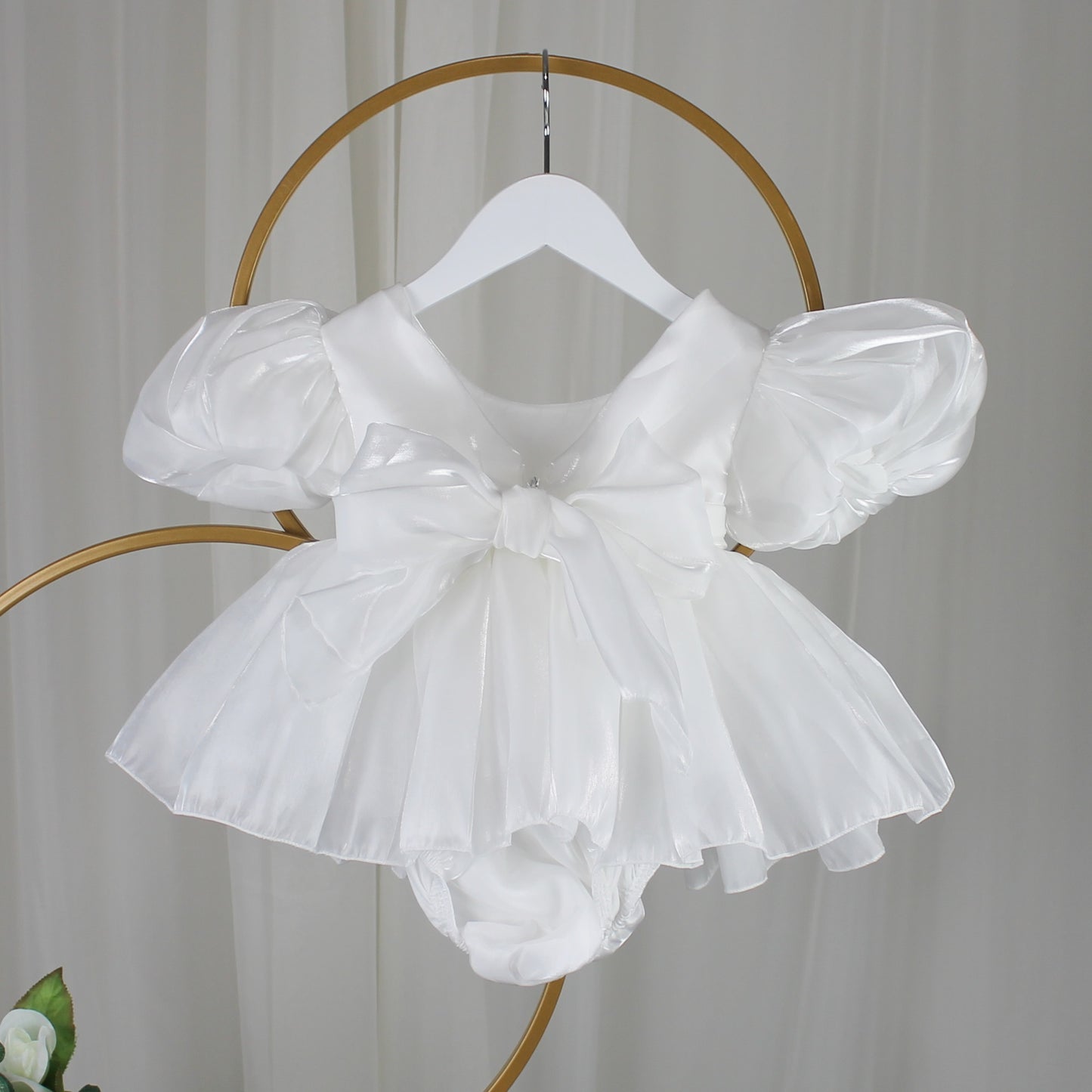 White baby girl dress with built in romper bodysuit