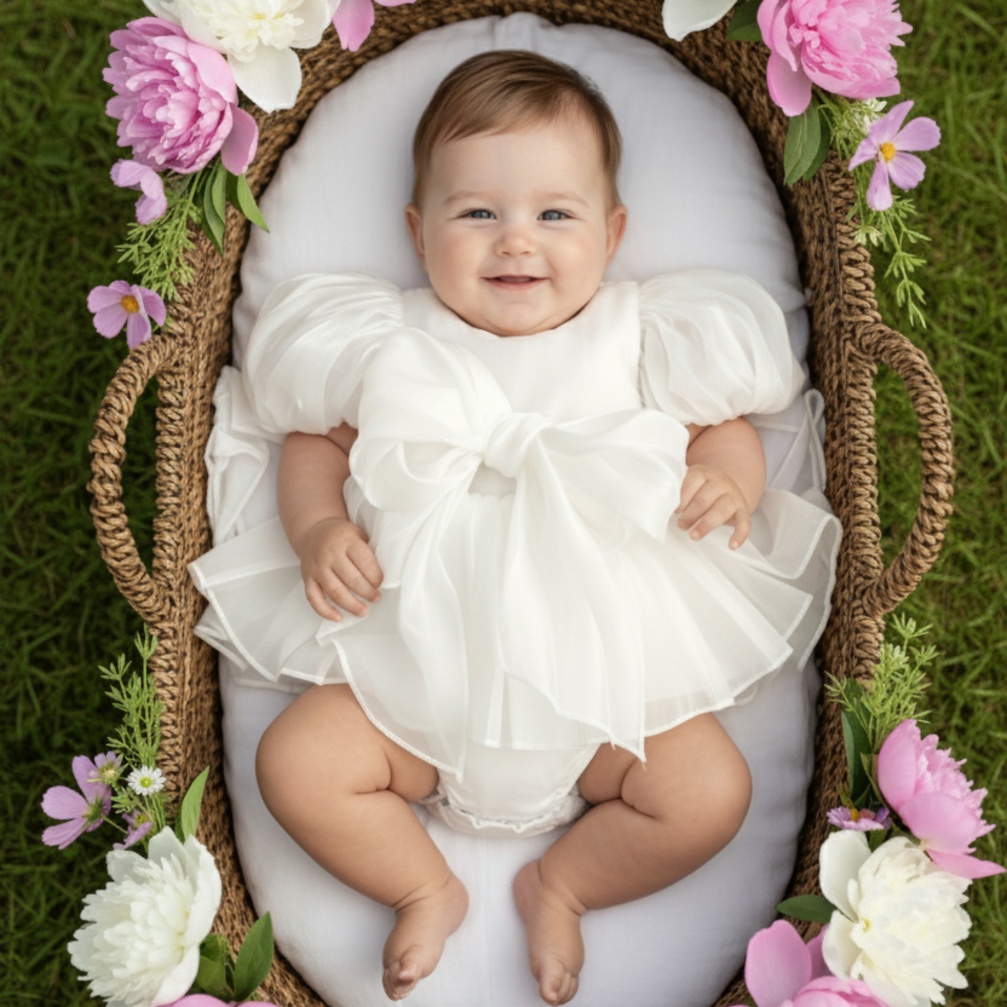White baby girl dress with built in romper bodysuit