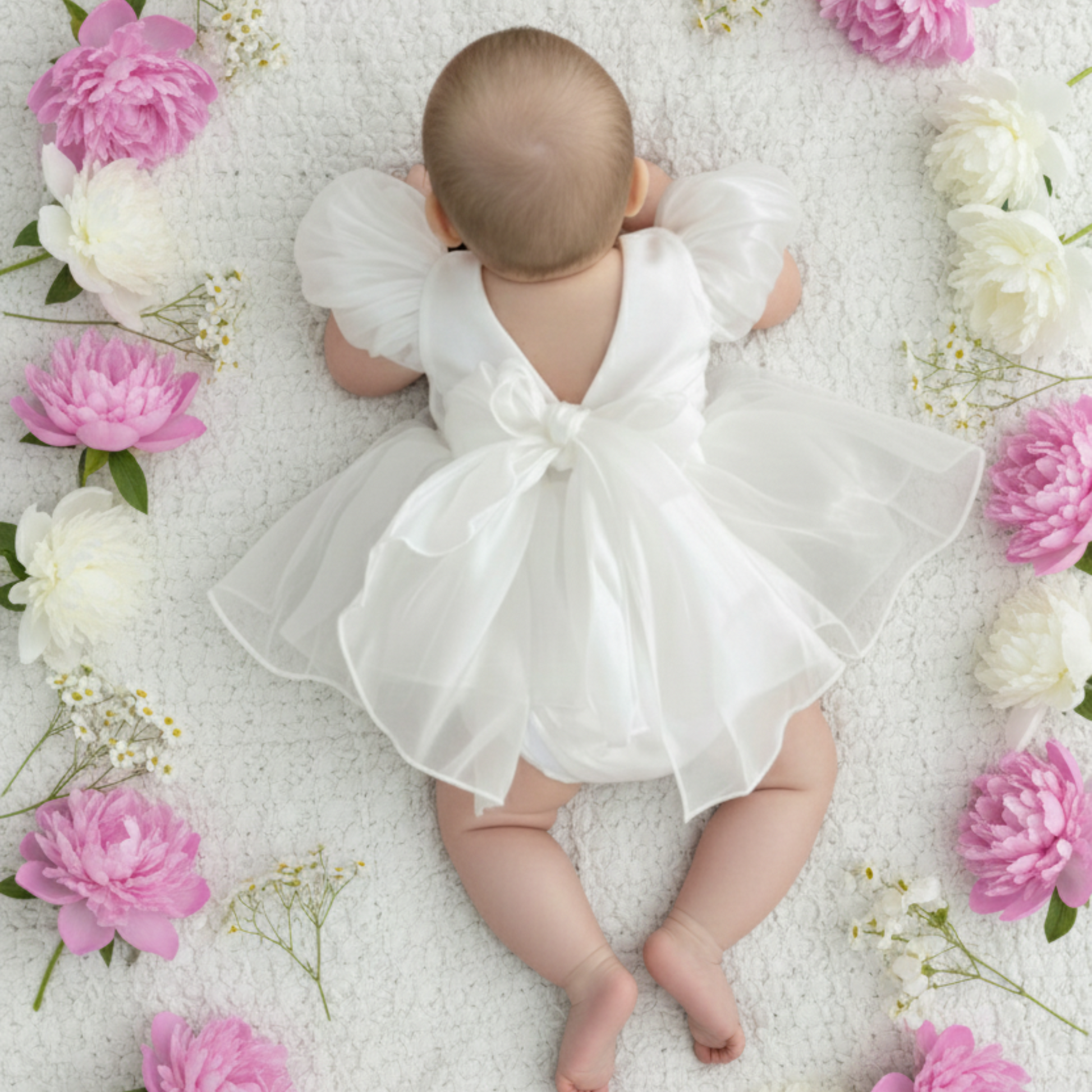 White baby girl dress with built in romper bodysuit