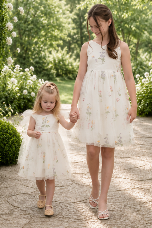 flower girl dress in white tulle with embroidered floral dress. In a sleeveless knee length style. 