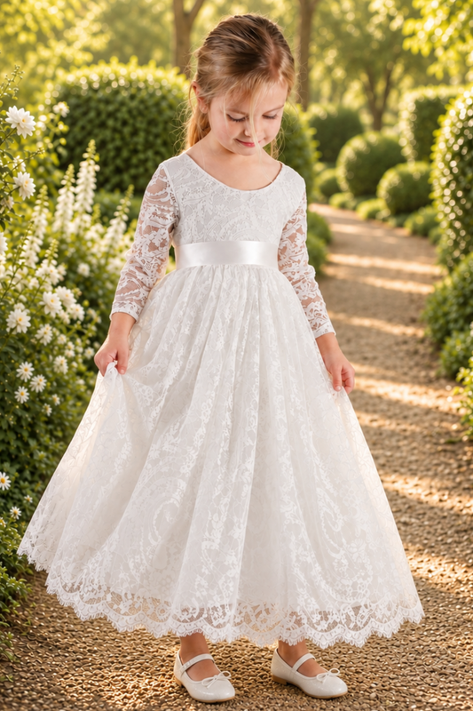 white flower girl dress in lace. 