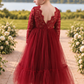 flower girl dress in wine red lace and tulle, with a full mermaid style dress. 