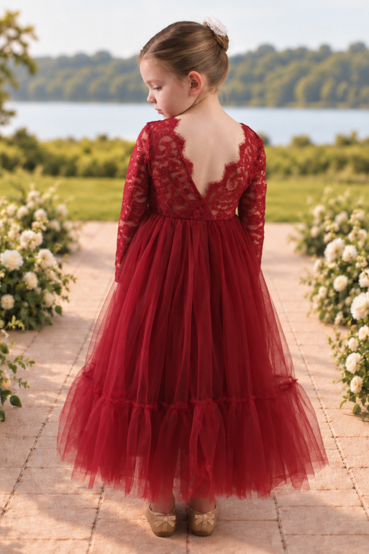 flower girl dress in wine red lace and tulle, with a full mermaid style dress. 