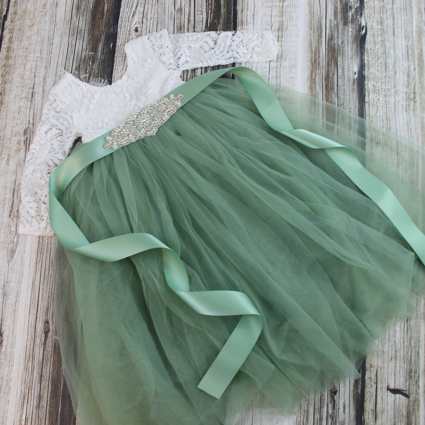 Bohemian flower girl dress in sage green 